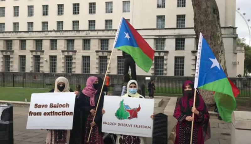 Protestors gather outside Boris Johnson’s residence against enforced disappearances in Balochistan