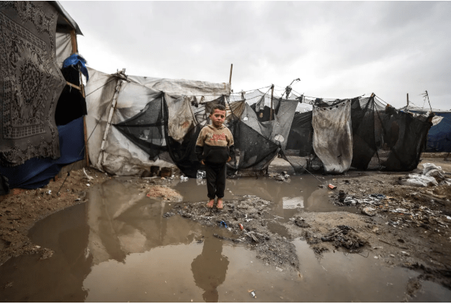 Tents in Gaza are flooded by heavy rains, adding to Palestinian suffering.