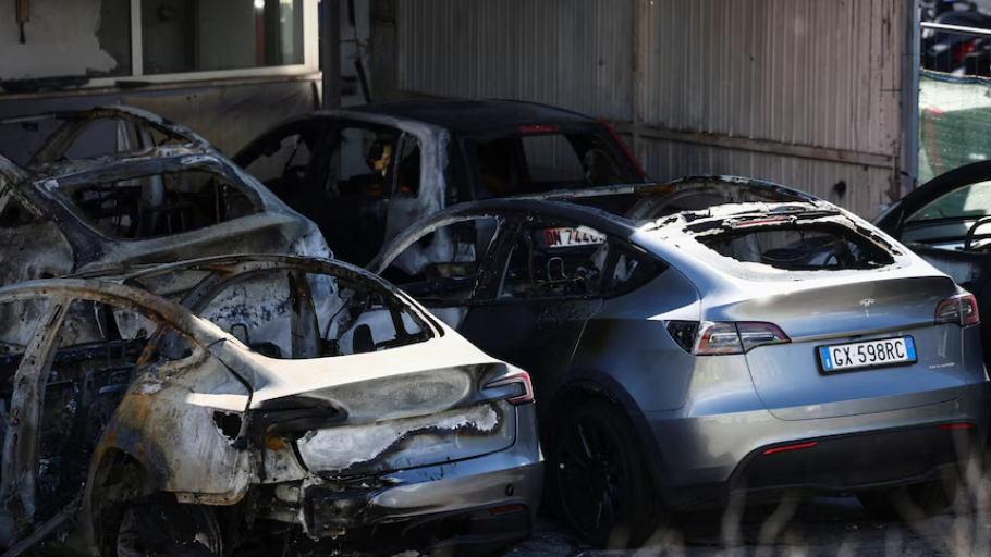 Musk blames ‘terrorism’ for the destruction of 17 cars in a fire at a Tesla showroom in Rome.
