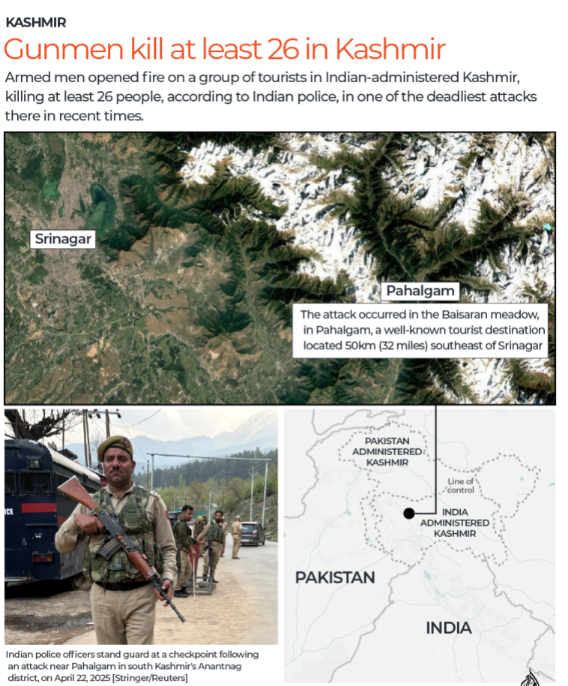 26 people are killed in an attack on tourists in Indian-administered Kashmir: Police